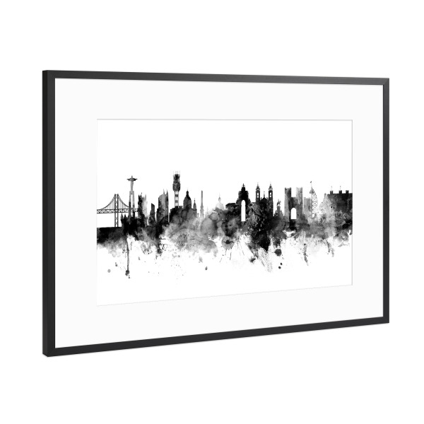 Poster mit Rahmen Schwarz (Metallic) "Lisbon Portugal Skyline bw" artboxONE - Städte,Reise,Schwarzweiß