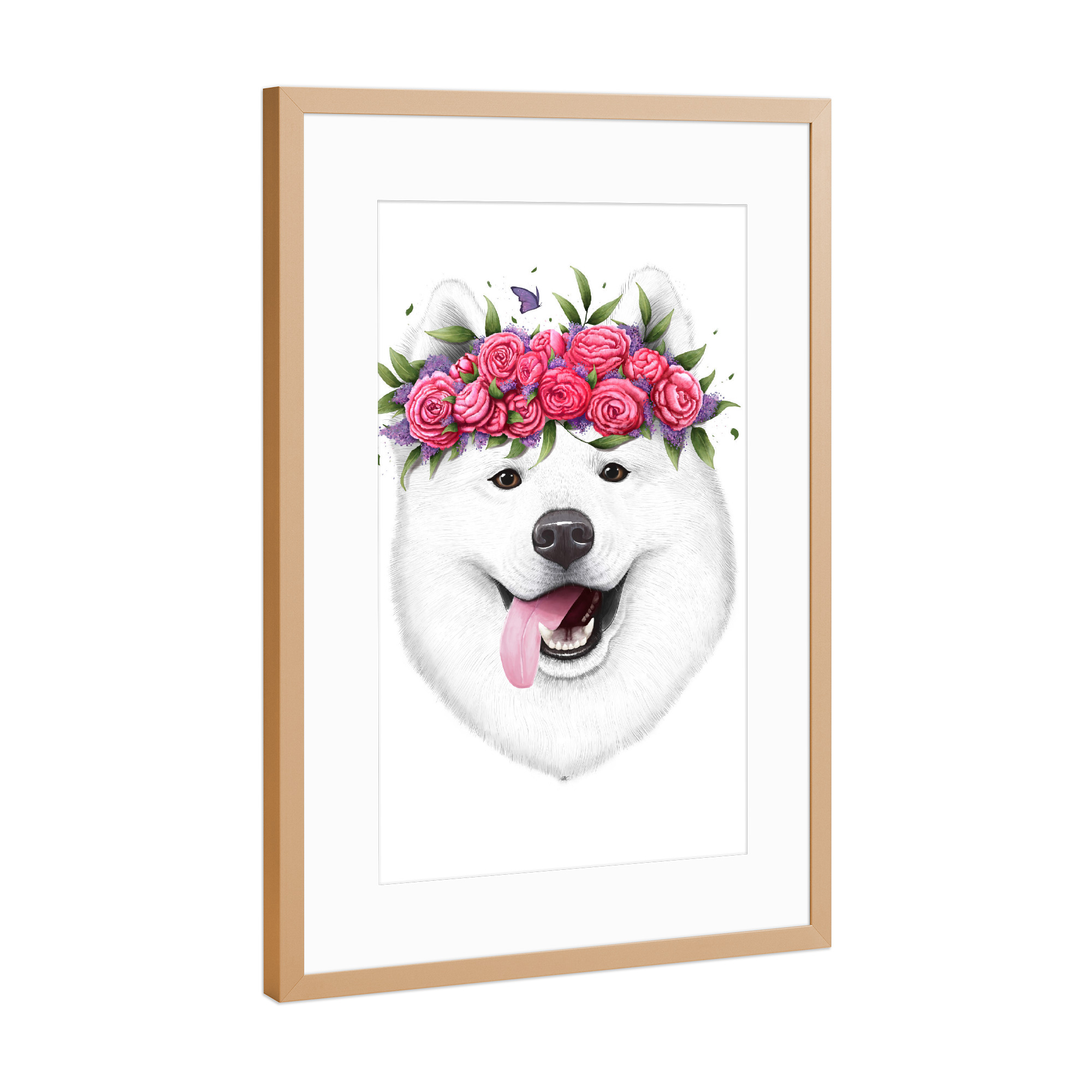Poster mit Rahmen Kupfer "Samoyed with flowers" artboxONE - Floral,Für Kinder,Tiere,Fashion
