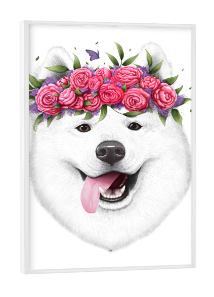 Poster mit weißem Rahmen "Samoyed with flowers" artboxONE - Floral,Für Kinder,Tiere,Fashion
