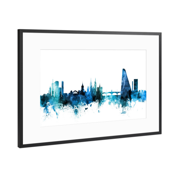Poster mit Rahmen Schwarz (Metallic) "Basel Switzerland Skyline Blue" artboxONE - Städte,Reise