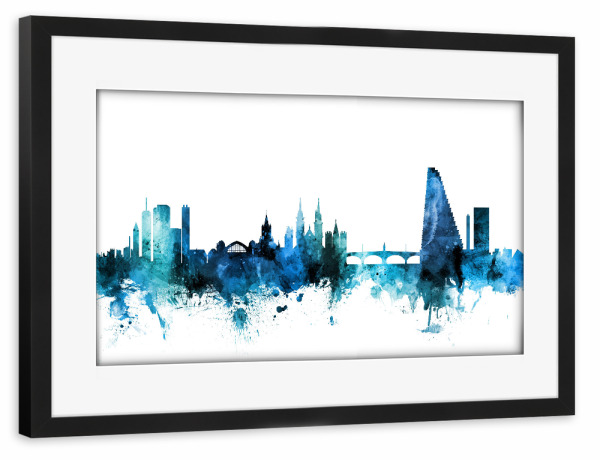 Poster mit Rahmen schwarz "Basel Switzerland Skyline Blue" artboxONE - Städte,Reise