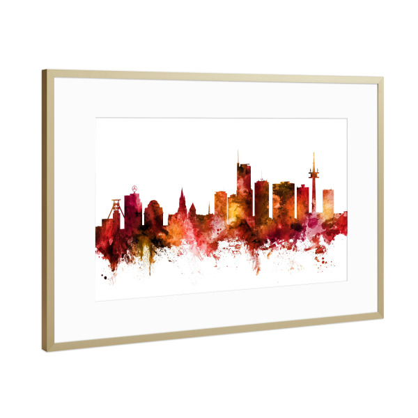 Poster mit Rahmen Gold "Essen Germany Skyline Red" artboxONE - Städte,Reise,Städte / Weitere
