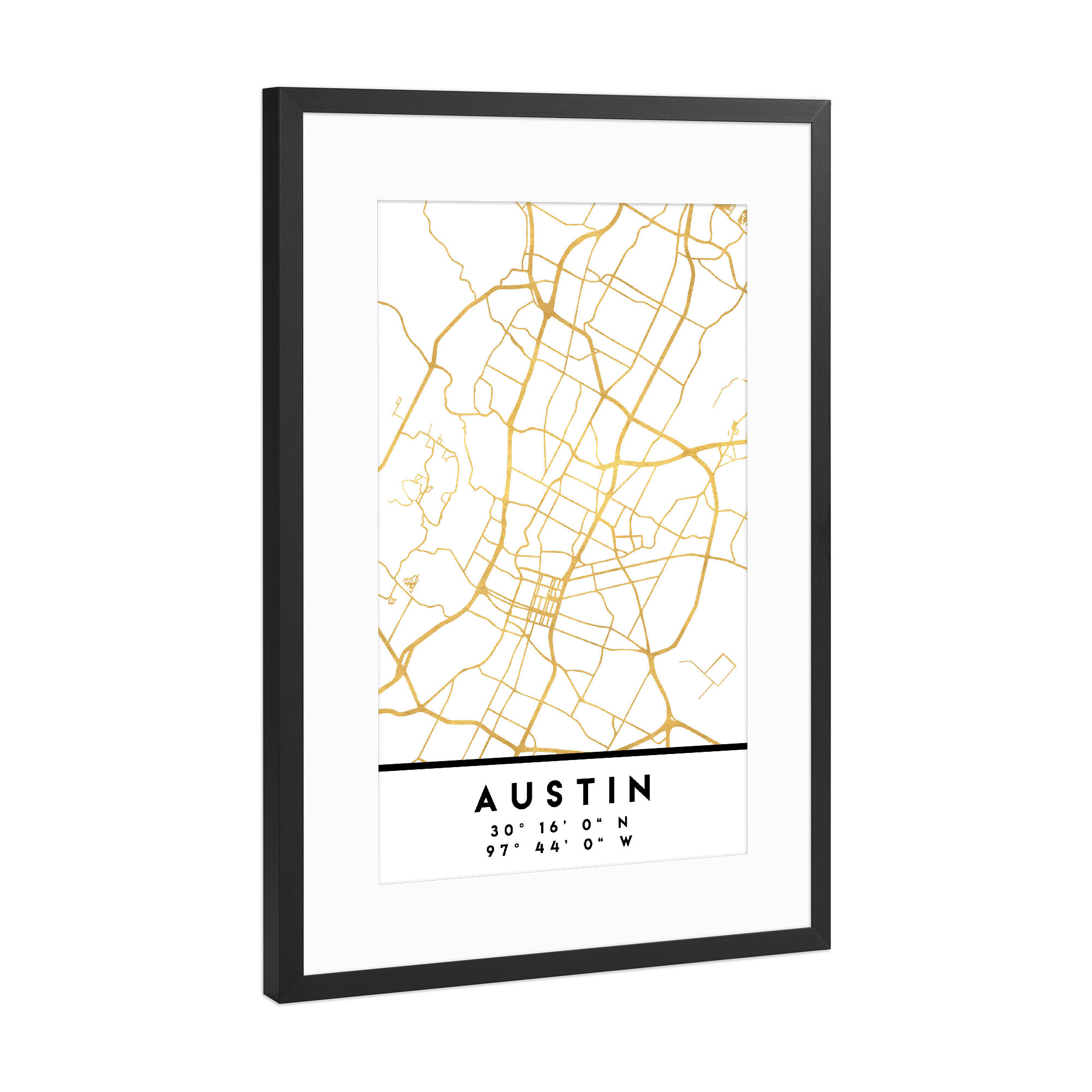 Poster mit Rahmen Schwarz (Metallic) "AUSTIN TEXAS STREET MAP ART" artboxONE - Städte,Reise,Kartografie