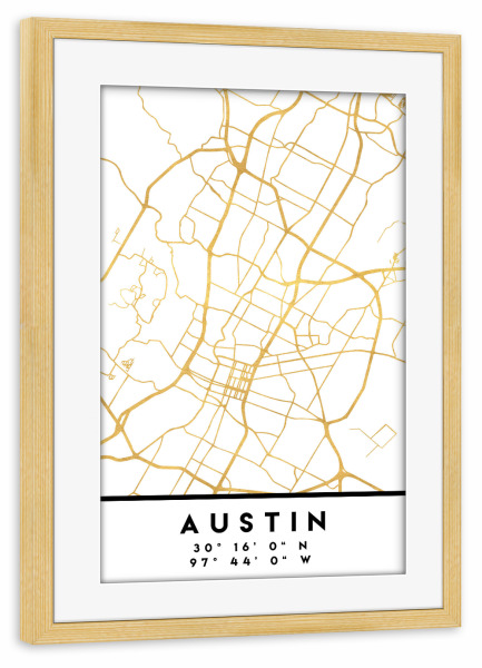 Poster mit Rahmen kiefer "AUSTIN TEXAS STREET MAP ART" artboxONE - Städte,Reise,Kartografie
