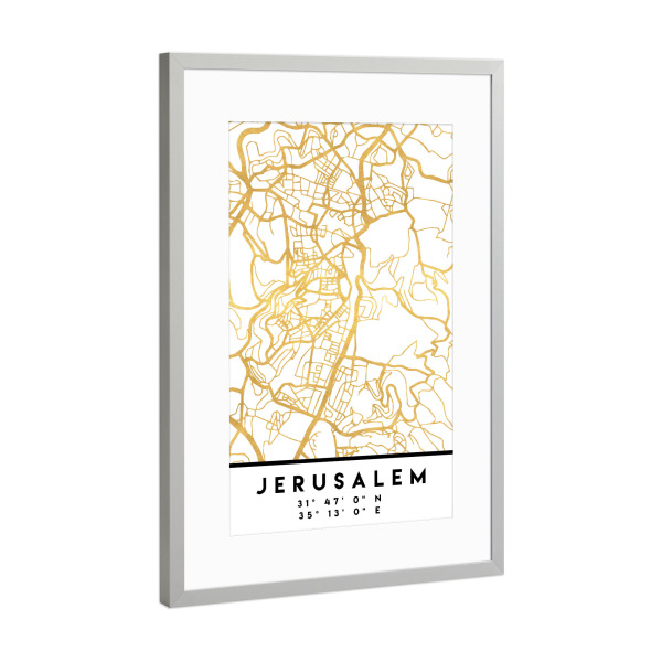 Poster mit Rahmen Silber "JERUSALEM ISRAEL/PALESTINE MAP ART" artboxONE - Städte,Reise,Kartografie