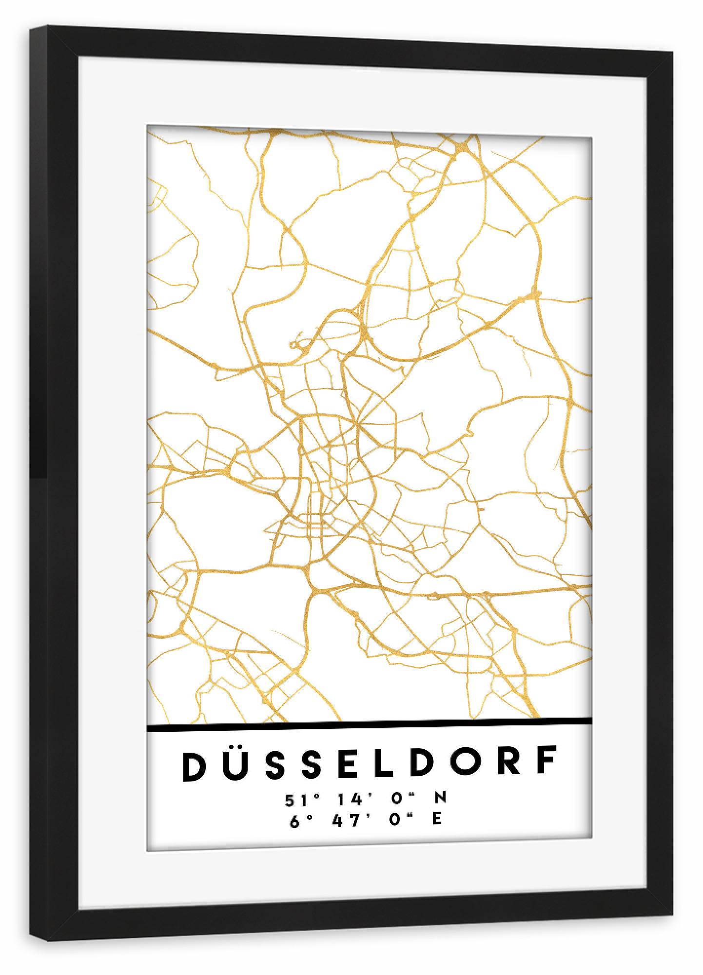 Poster mit Rahmen schwarz "DÜSSELDORF GERMANY STREET MAP ART" artboxONE - Städte,Reise,Städte / Düsseldorf,Kartografie