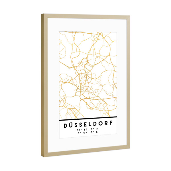 Poster mit Rahmen Gold "DÜSSELDORF GERMANY STREET MAP ART" artboxONE - Städte,Reise,Städte / Düsseldorf,Kartografie