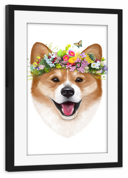 Poster mit Rahmen schwarz "Korgi with flowers" artboxONE - Floral,Tiere,Fashion,Lustig