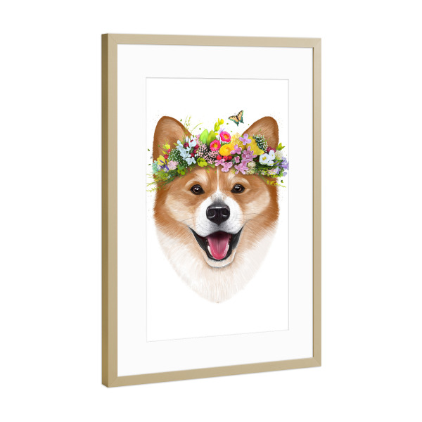 Poster mit Rahmen Gold "Korgi with flowers" artboxONE - Floral,Tiere,Fashion,Lustig
