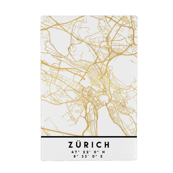 Metall Poster "ZÜRICH SWITZERLAND STREET MAP ART" artboxONE - Städte,Reise,Städte / Zürich,Kartografie