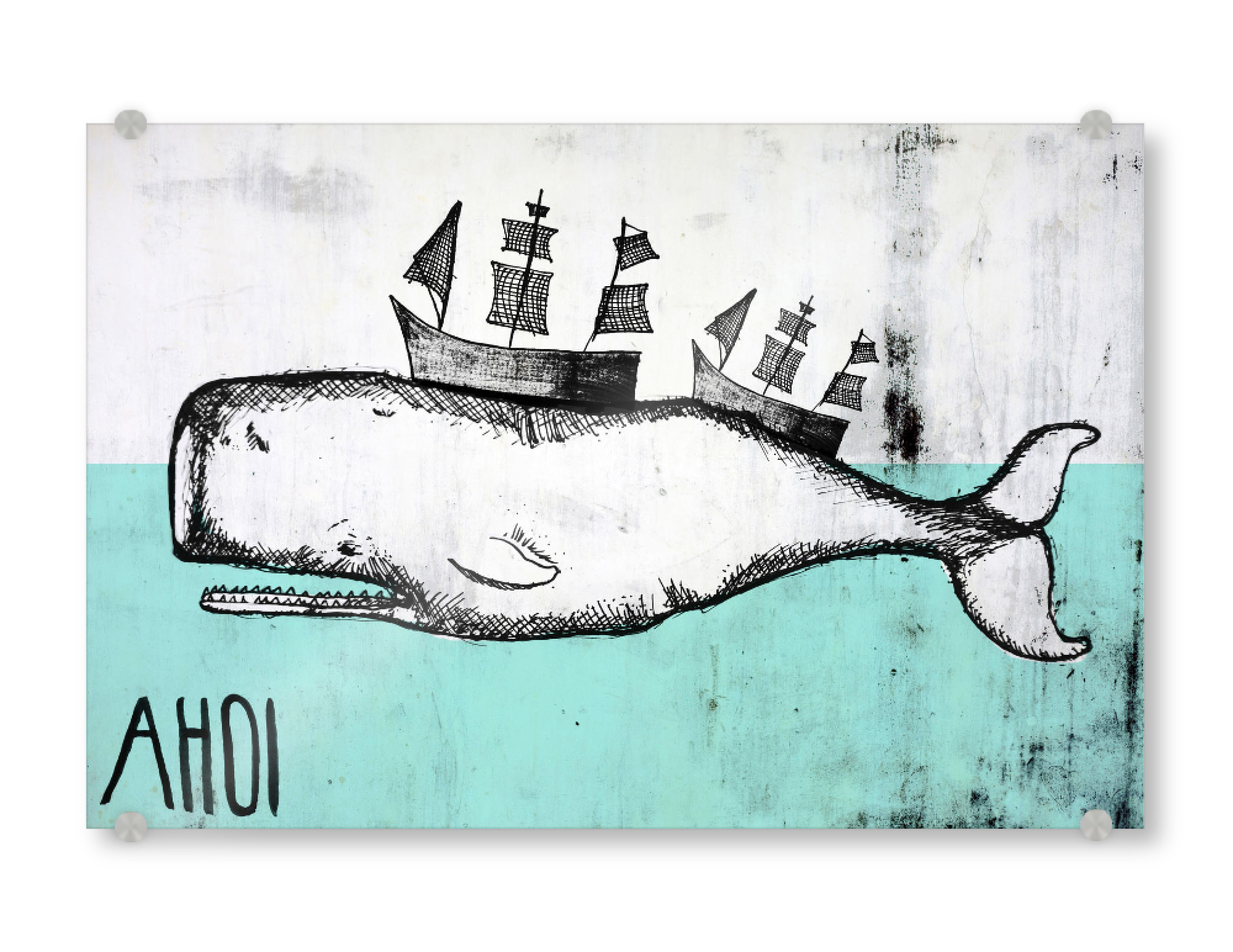 Acrylglasbild "AHOI WAL!" artboxONE - Für Kinder,Tiere - Wal,See,Meer,Ahoi,Seemann,Schiff,Illustration,Bad,Badezimmer