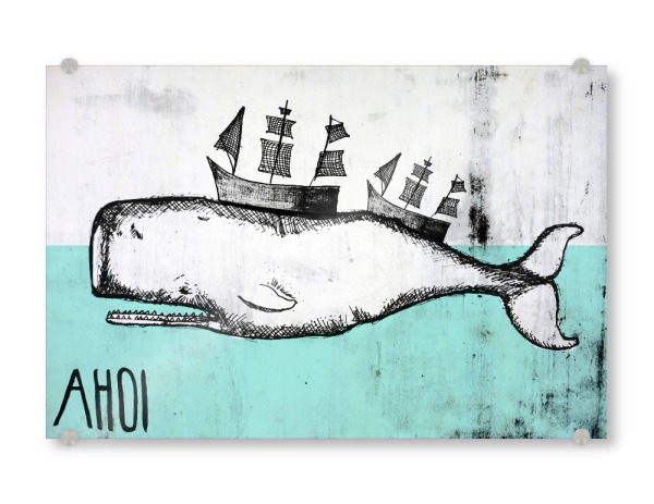 Acrylglasbild "AHOI WAL!" artboxONE - Für Kinder,Tiere - Wal,See,Meer,Ahoi,Seemann,Schiff,Illustration,Bad,Badezimmer