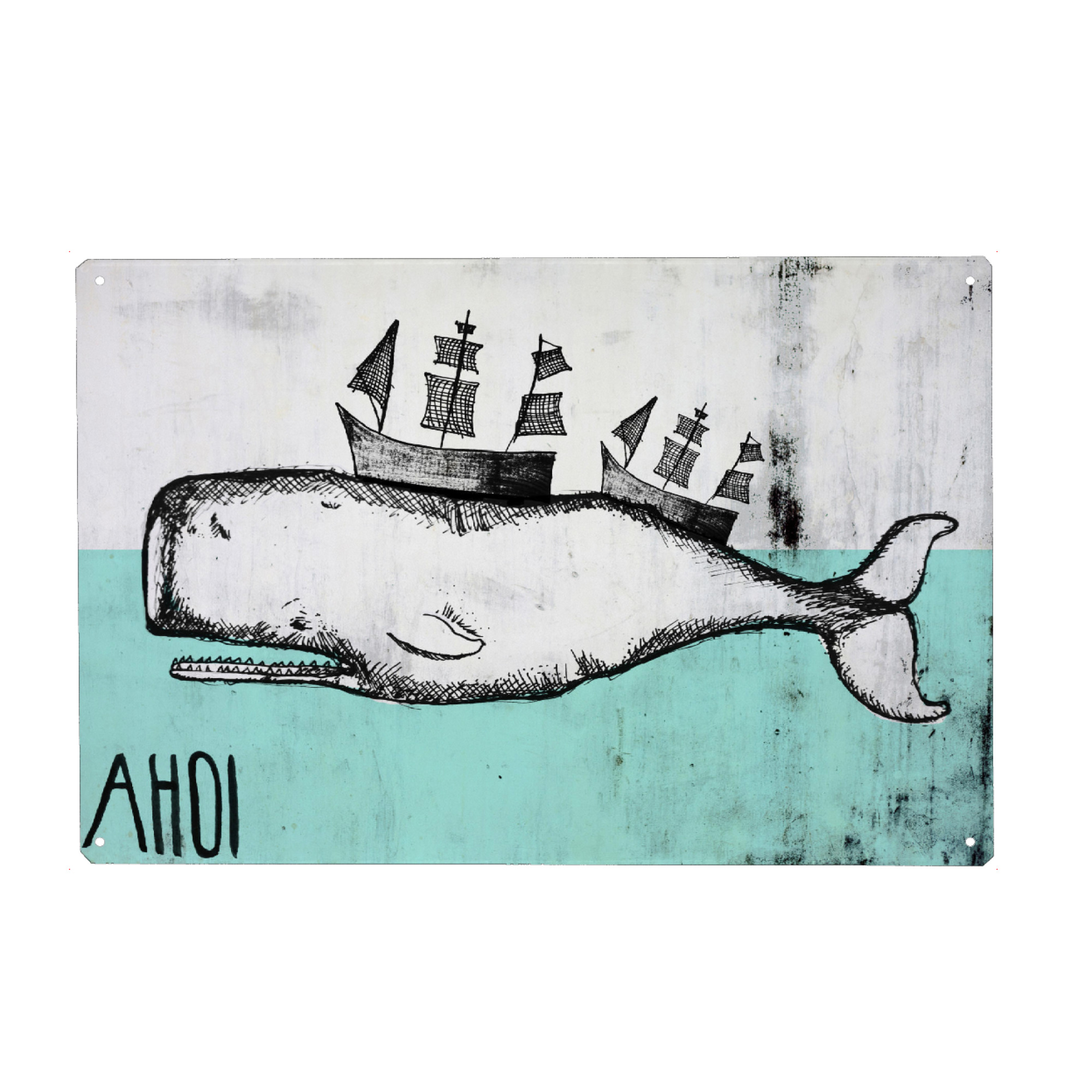 Metall Poster "AHOI WAL!" artboxONE - Für Kinder,Tiere - Wal,See,Meer,Ahoi,Seemann,Schiff,Illustration,Bad,Badezimmer - Blechschild
