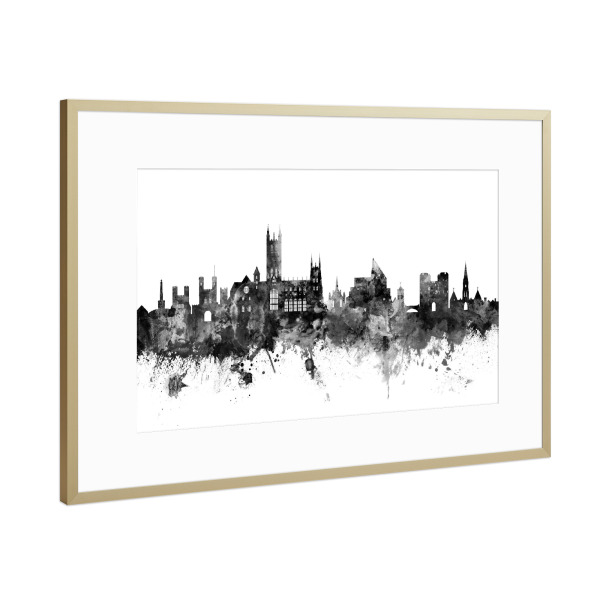 Poster mit Rahmen Gold "Canterbury England Skyline bw" artboxONE - Städte,Reise,Schwarzweiß