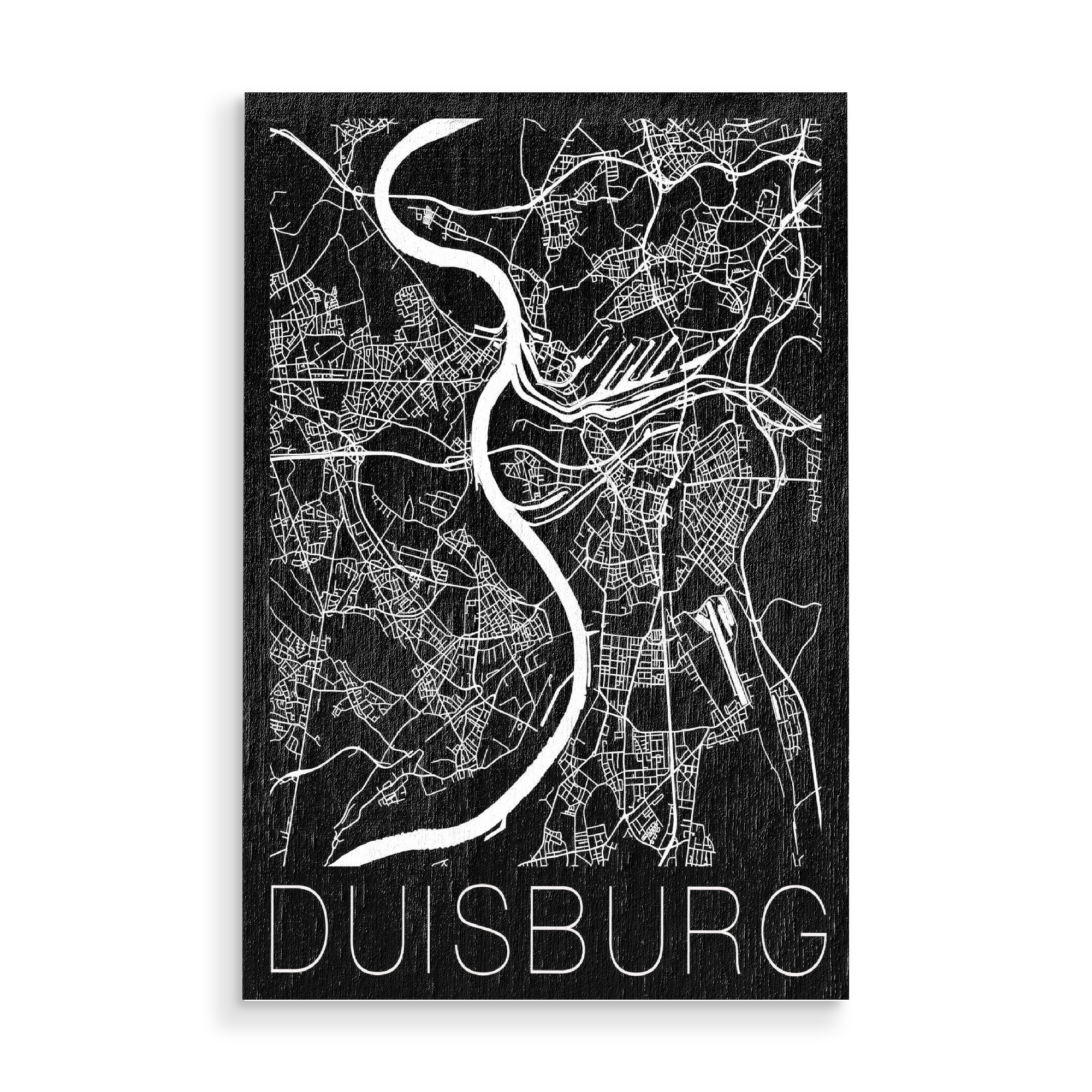 Holzbild "Retro Map of Duisburg black" artboxONE - Städte,Schwarzweiß,Städte / Weitere,Kartografie - Retro,Map,Duisburg,Germany,Black and white