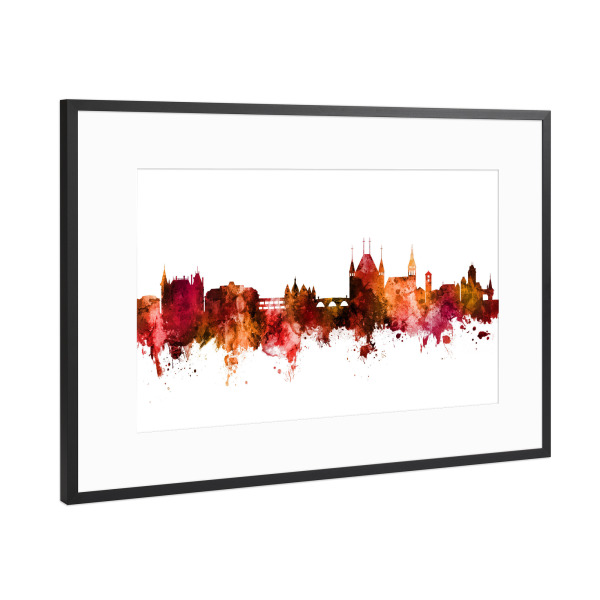 Poster mit Rahmen Schwarz (Metallic) "Thun Switzerland Skyline Red" artboxONE - Städte,Reise