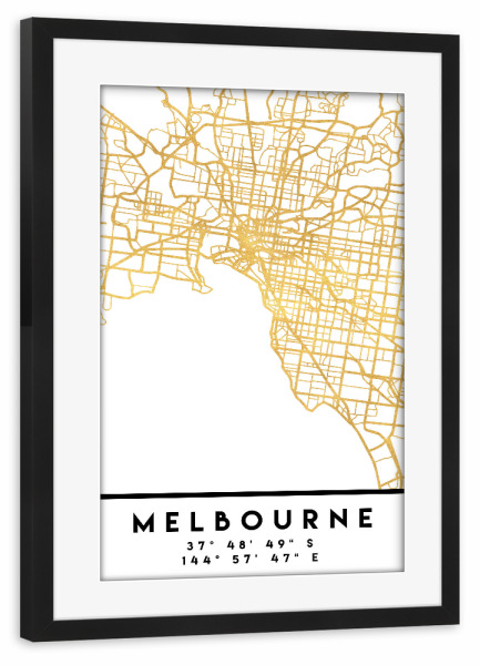 Poster mit Rahmen schwarz "MELBOURNE AUSTRALIA STREET MAP ART" artboxONE - Städte,Reise,Kartografie