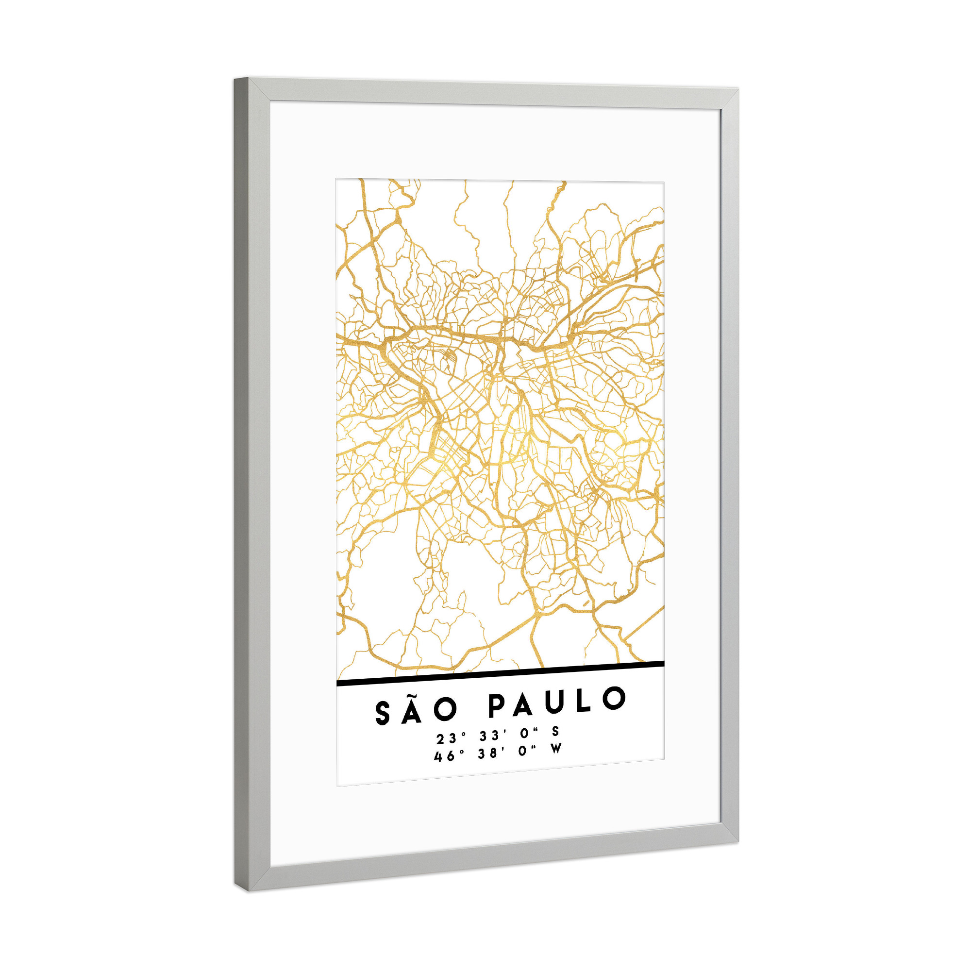 Poster mit Rahmen Silber "SAO PAULO BRAZIL STREET MAP ART" artboxONE - Städte,Reise,Kartografie