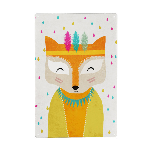 Holzbild "Der Regenmacher" artboxONE - Für Kinder,Tiere - Fuchs,Regen,Regenmacher,Tropfen,Happy,Kinderzimmer,Indianer
