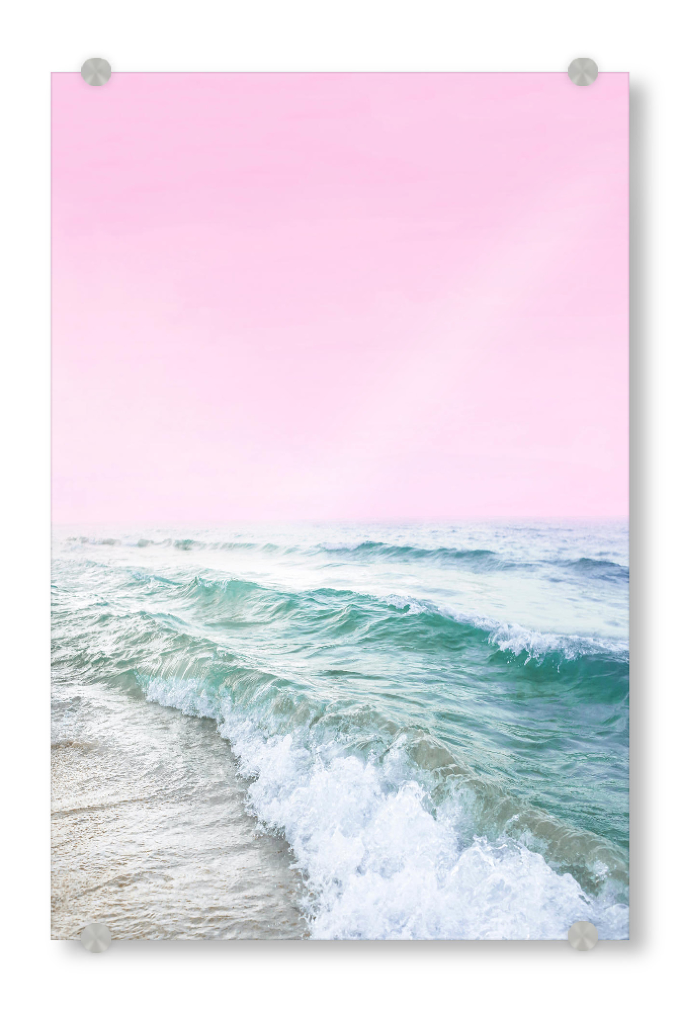 Acrylglasbild "Pink Sky And Waves" artboxONE - Natur,Reise / Strand und Meer - Blau,Türkis,Ozean,Meeresfotografie,Meer,Strand,Wellen,Winter,Cool