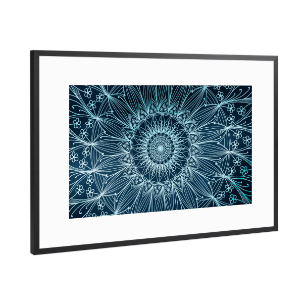 Poster mit Rahmen Schwarz (Metallic) "Blue floral mandala" artboxONE - Abstrakt,Geometrie