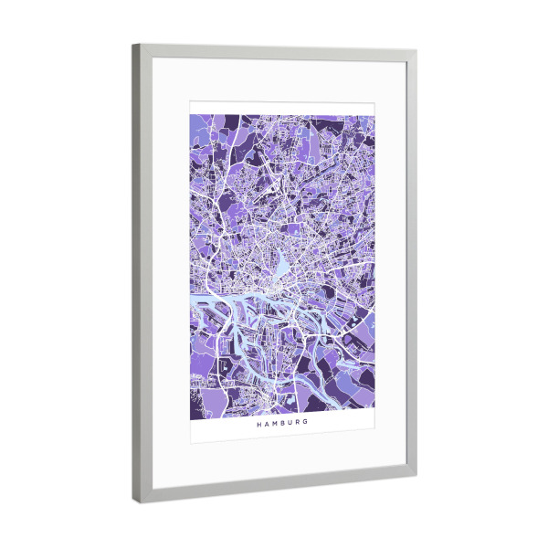 Poster mit Rahmen Silber "Hamburg Germany City Map purp" artboxONE - Städte / Berlin,Reise,Ultraviolet,Kartografie