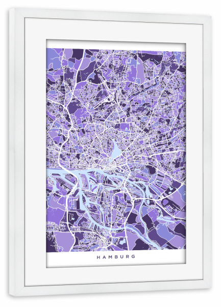 Poster mit Rahmen weiß "Hamburg Germany City Map purp" artboxONE - Städte / Berlin,Reise,Ultraviolet,Kartografie