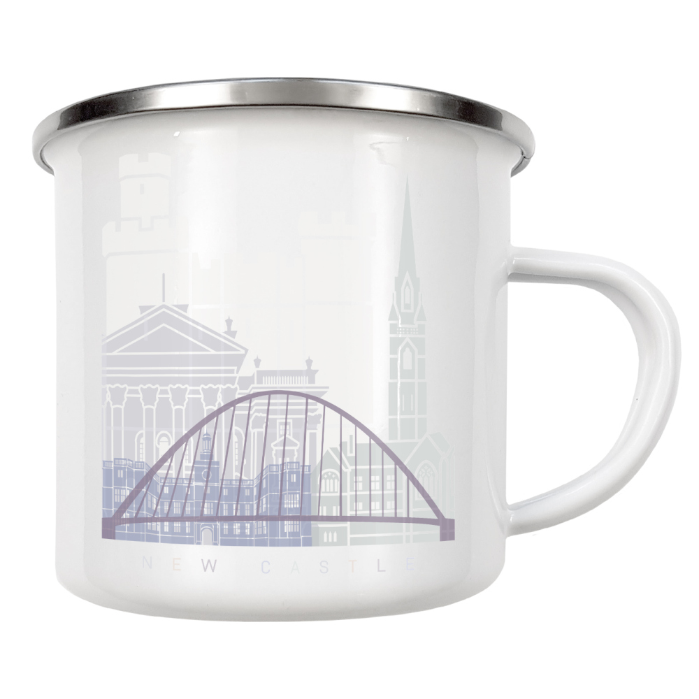 Emaille Tasse "NEUES SCHLOSS-SKYLINE-PASTELL" artboxONE - Städte,Architektur - Skyline,Denkmäler,Stadt,Tourismus,Wandgemälde,Pastellfarben,Turm,Städte