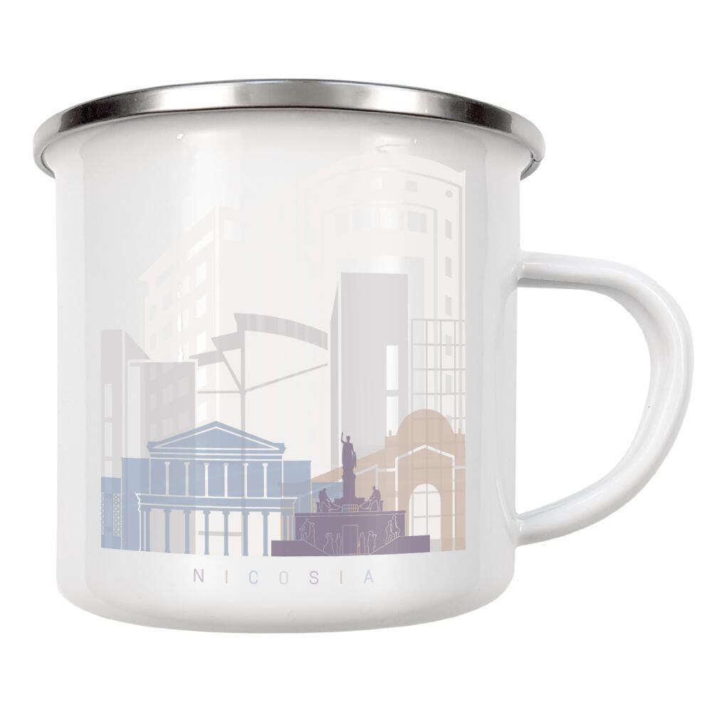 Emaille Tasse "NICOSIA SKYLINE PASTELL" artboxONE - Städte,Architektur - Skyline,Denkmäler,Stadt,Tourismus,Wandgemälde,Pastellfarben,Turm,Städte
