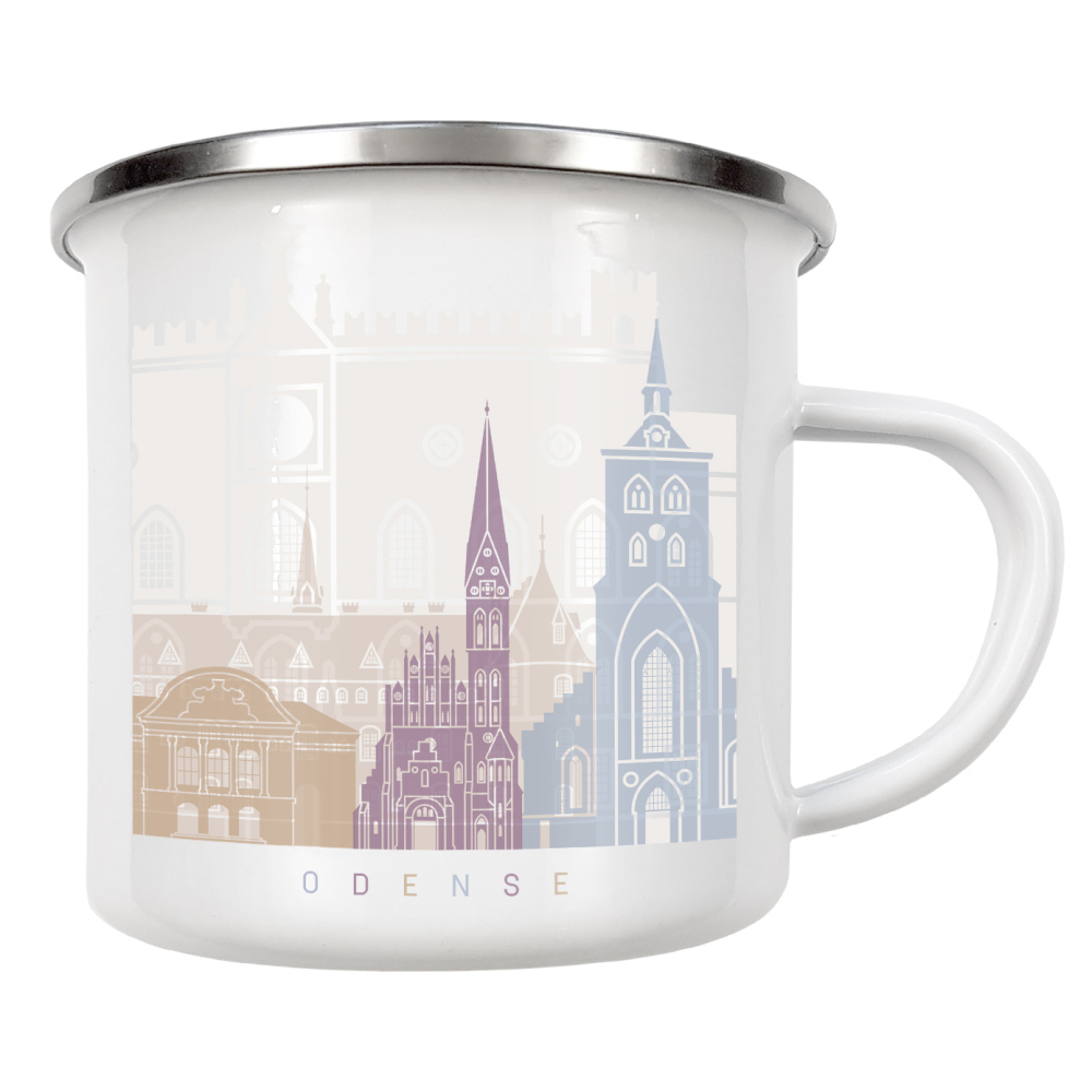 Emaille Tasse "ODENSE SKYLINE PASTELL" artboxONE - Städte,Architektur - Skyline,Denkmäler,Stadt,Tourismus,Wandgemälde,Pastellfarben,Turm,Städte
