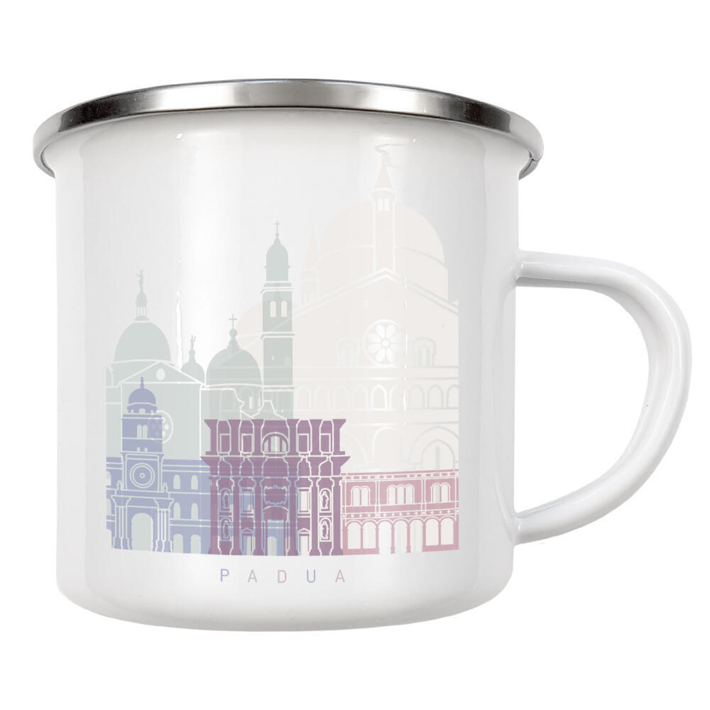 Emaille Tasse "PADUA SKYLINE PASTELL" artboxONE - Städte,Architektur - Skyline,Denkmäler,Stadt,Tourismus,Wandgemälde,Pastellfarben,Turm,Städte