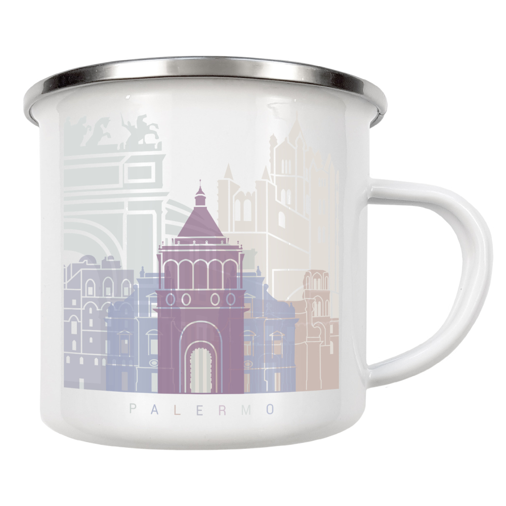 Emaille Tasse "PALERMO SKYLINE PASTELL" artboxONE - Städte,Architektur - Skyline,Denkmäler,Stadt,Tourismus,Wandgemälde,Pastellfarben,Turm,Städte