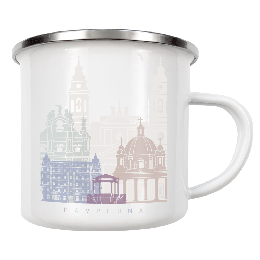Emaille Tasse "PAMPLONA SKYLINE PASTELL" artboxONE - Städte,Architektur - Skyline,Denkmäler,Stadt,Tourismus,Wandgemälde,Pastellfarben,Turm,Städte