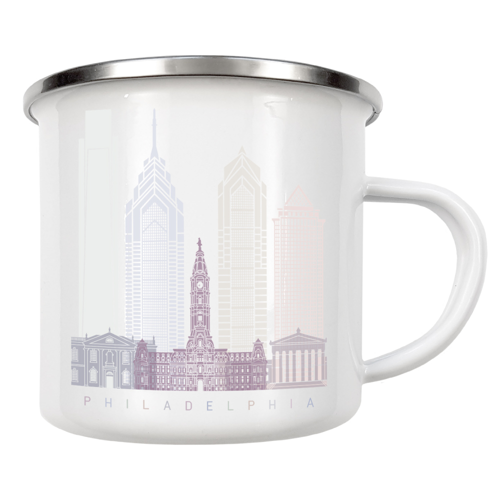 Emaille Tasse "PHILADELPHIA SKYLINE PASTELL-L" artboxONE - Städte,Architektur - Skyline,Denkmäler,Stadt,Tourismus,Wandgemälde,Pastellfarbe,Turm,Städte