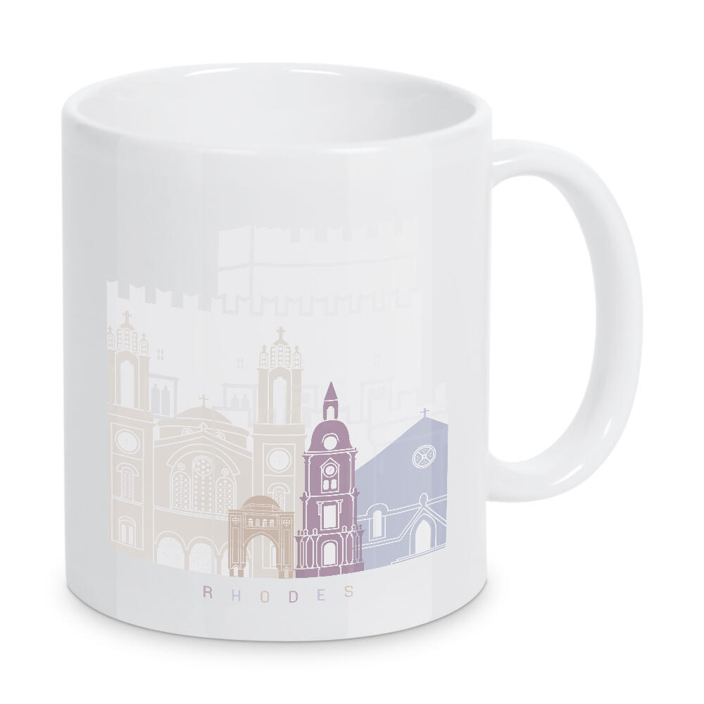 Tasse "RHODOS SKYLINE PASTELL" artboxONE - Städte,Architektur - Skyline,Denkmäler,Stadt,Tourismus,Wandgemälde,Pastellfarben,Turm,Städte