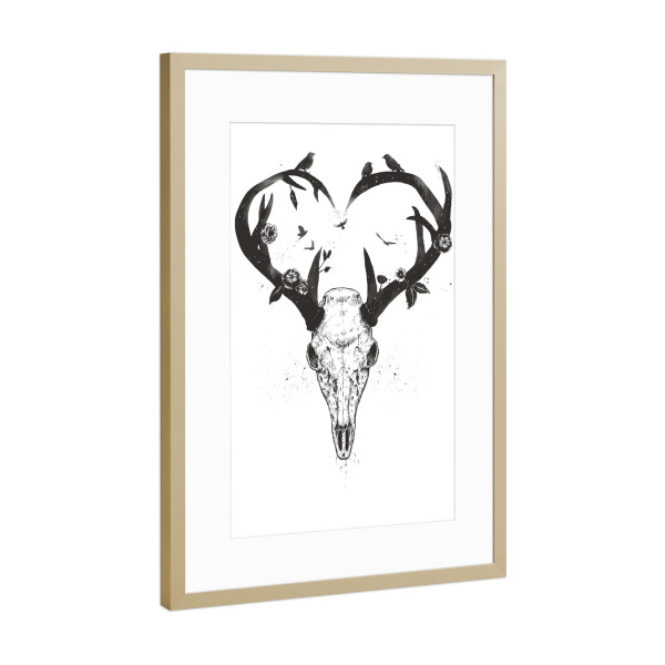 Poster mit Rahmen Gold "Neverending love (bw)" artboxONE - Tiere,Schwarzweiß,Liebe - Deer,Skull,Antlers,Heart,Love,Drawing,Hirsch,Skelett,Schädel,Herz