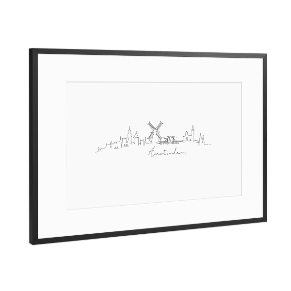 Poster mit Rahmen Schwarz (Metallic) "Pen line silhouette Amsterdam" artboxONE - Schwarzweiß,Städte / Amsterdam