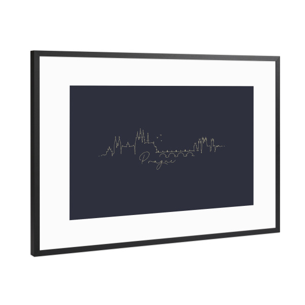 Poster mit Rahmen Schwarz (Metallic) "Pen line silhouette Prague blue" artboxONE - Schwarzweiß,Städte / Prag