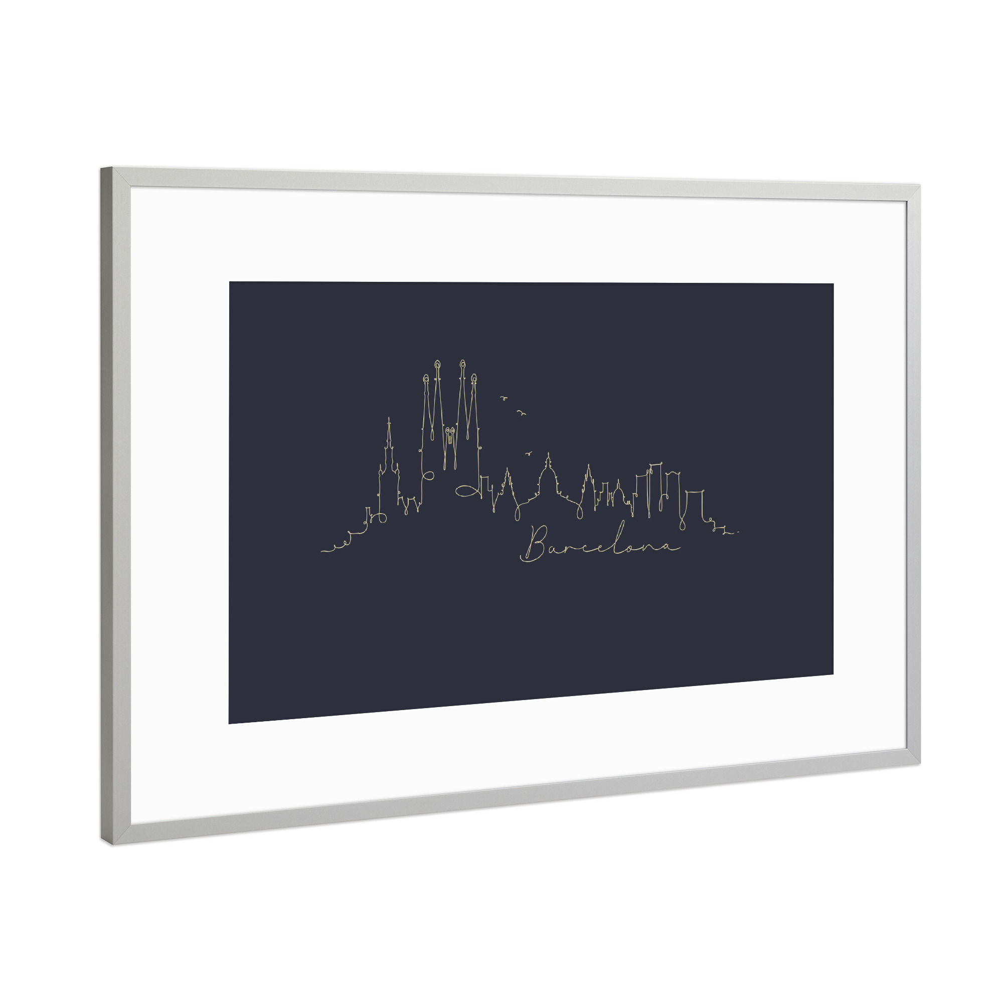 Poster mit Rahmen Silber "Pen line silhouette Barcelona blue" artboxONE - Schwarzweiß,Städte / Barcelona