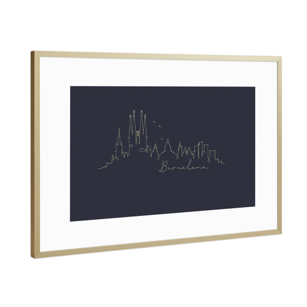 Poster mit Rahmen Gold "Pen line silhouette Barcelona blue" artboxONE - Schwarzweiß,Städte / Barcelona
