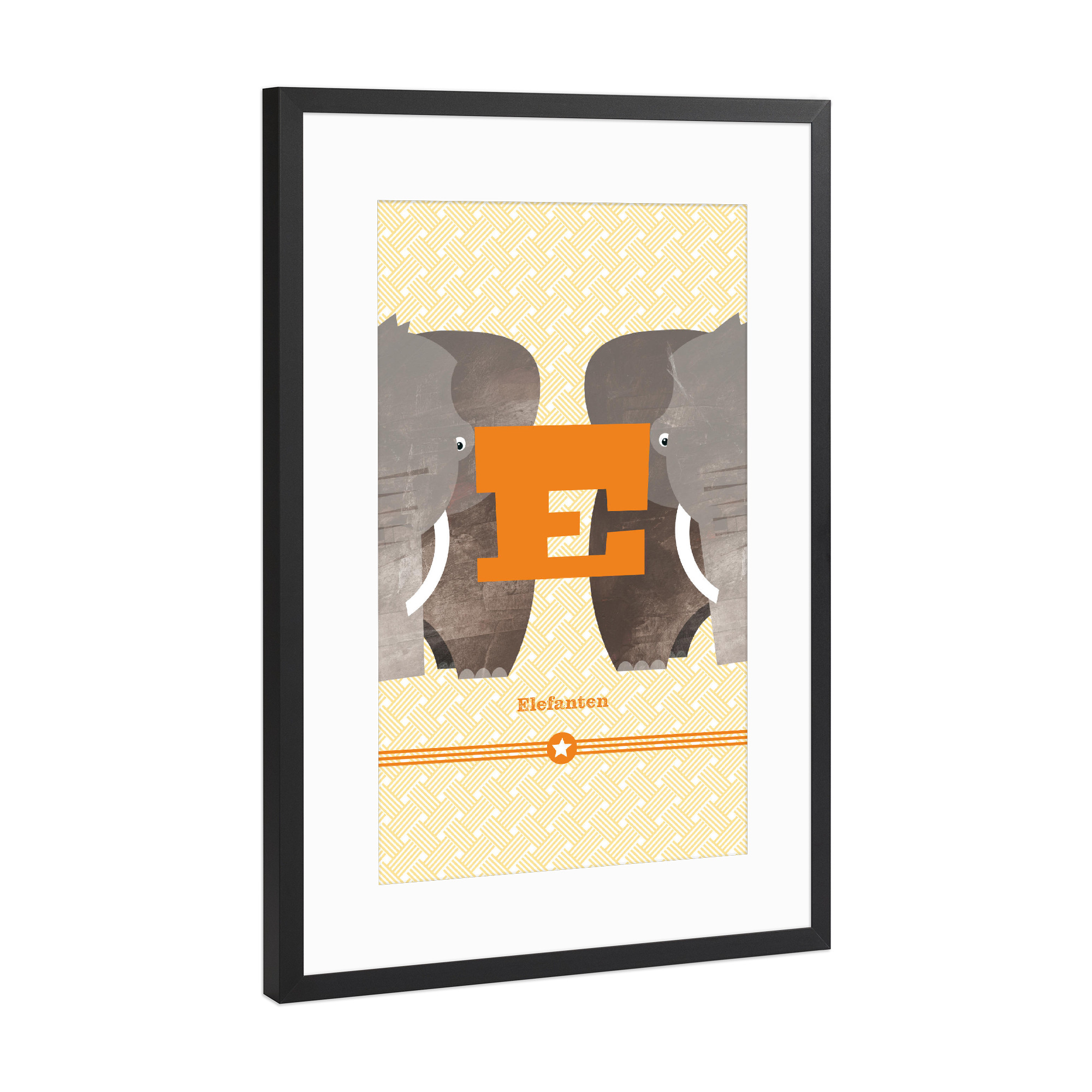 Poster mit Rahmen Schwarz (Metallic) "E wie Elefanten" artboxONE - Für Kinder,Buchstaben,Buchstaben / E