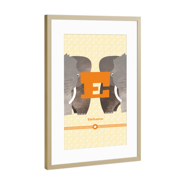 Poster mit Rahmen Gold "E wie Elefanten" artboxONE - Für Kinder,Buchstaben,Buchstaben / E