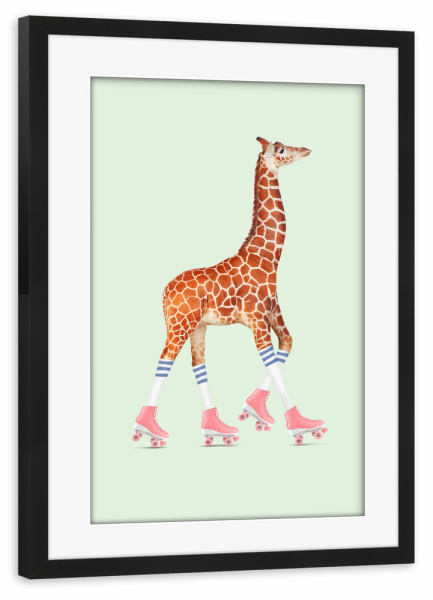 Poster mit Rahmen schwarz "ROLLERSKATING GIRAFFE" artboxONE - Für Kinder,Tiere,Fiktion,Lustig