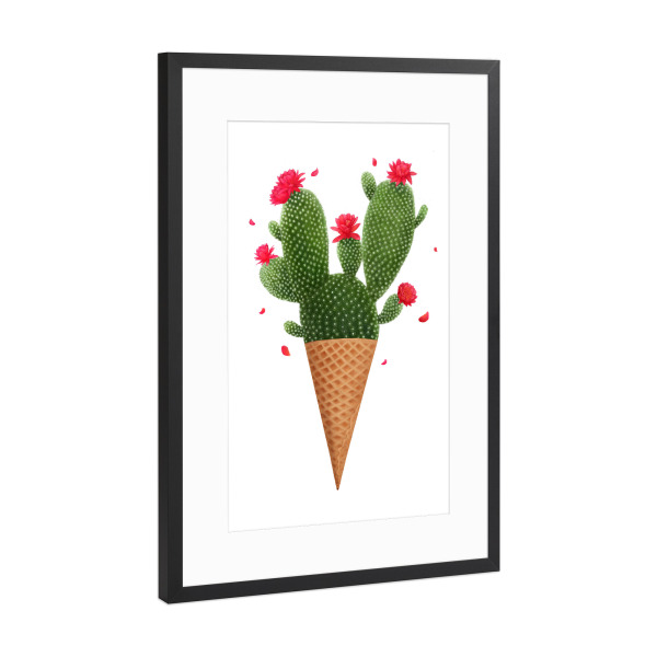 Poster mit Rahmen Schwarz (Metallic) "Ice cream with cactus" artboxONE - Floral,Essen & Trinken