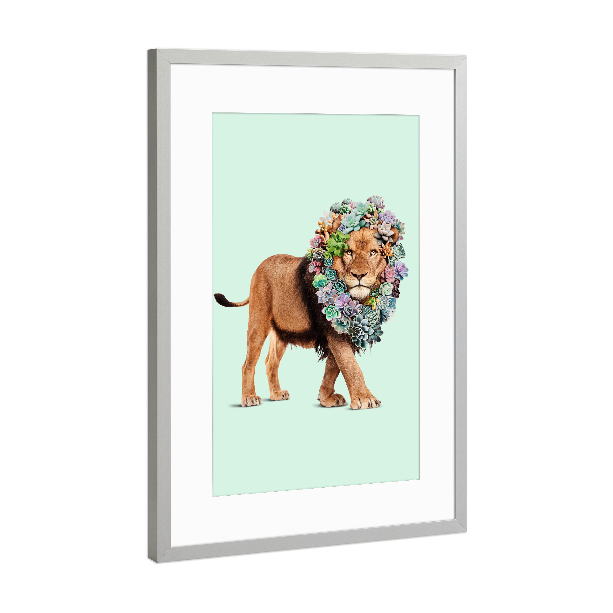 Poster mit Rahmen Silber "SUCCULENT LION" artboxONE - Floral,Tiere,Fiktion,Lustig