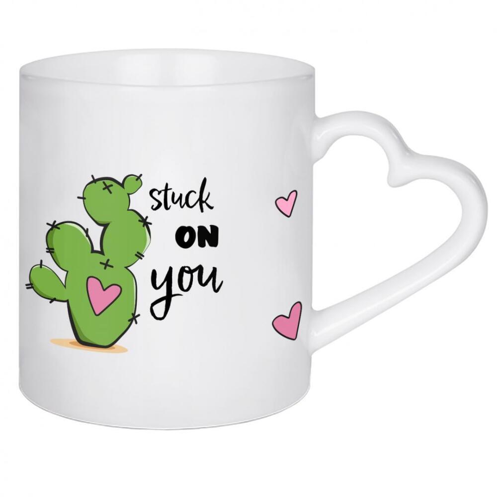Herztasse "Stuck on you" artboxONE - Typografie,Floral,Liebe - Liebe,Herzen,Typo,Typografie,Kaktus,Cacteen,Stuck,On,You