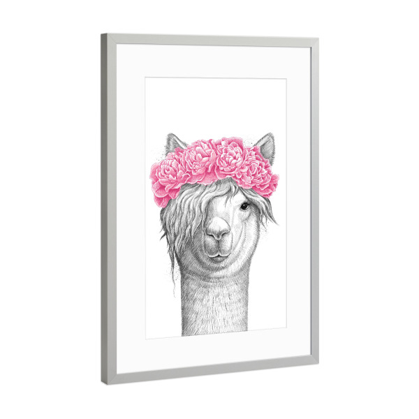 Poster mit Rahmen Silber "Lama with pions" artboxONE - Floral,Tiere,Schwarzweiß - Lama,Tier,Kinder,Nursery,Floral,Blumen