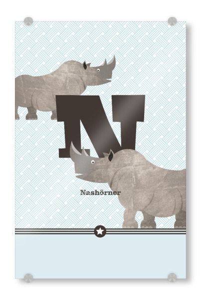 Acrylglasbild "N wie Nashörner" artboxONE - Für Kinder,Buchstaben,Buchstaben / N - Tieralphabet,Abc,Nashorn,Alphabet,Buchstabenset-kids8,Buchstabe-n