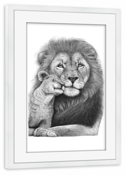Poster mit Rahmen weiß "Lion with a baby" artboxONE - Tiere,Schwarzweiß,Für Papa - Lion,Father,Löwe,Papa