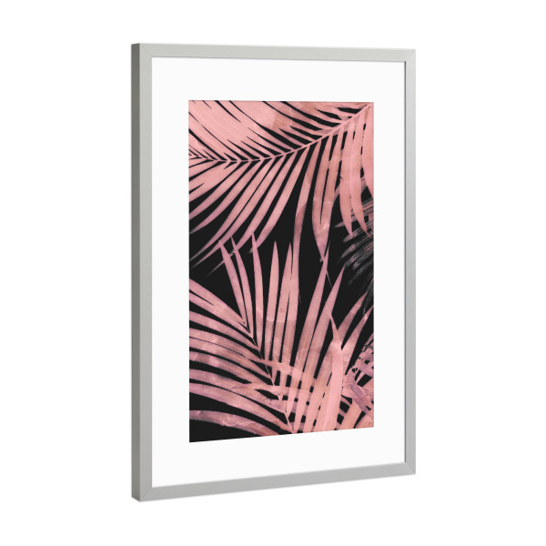 Poster mit Rahmen Silber "Pink Palm Leaves on Black" artboxONE - Natur,Floral - Palm,Leaf,Leaves,Palme,Blatt,Blätter